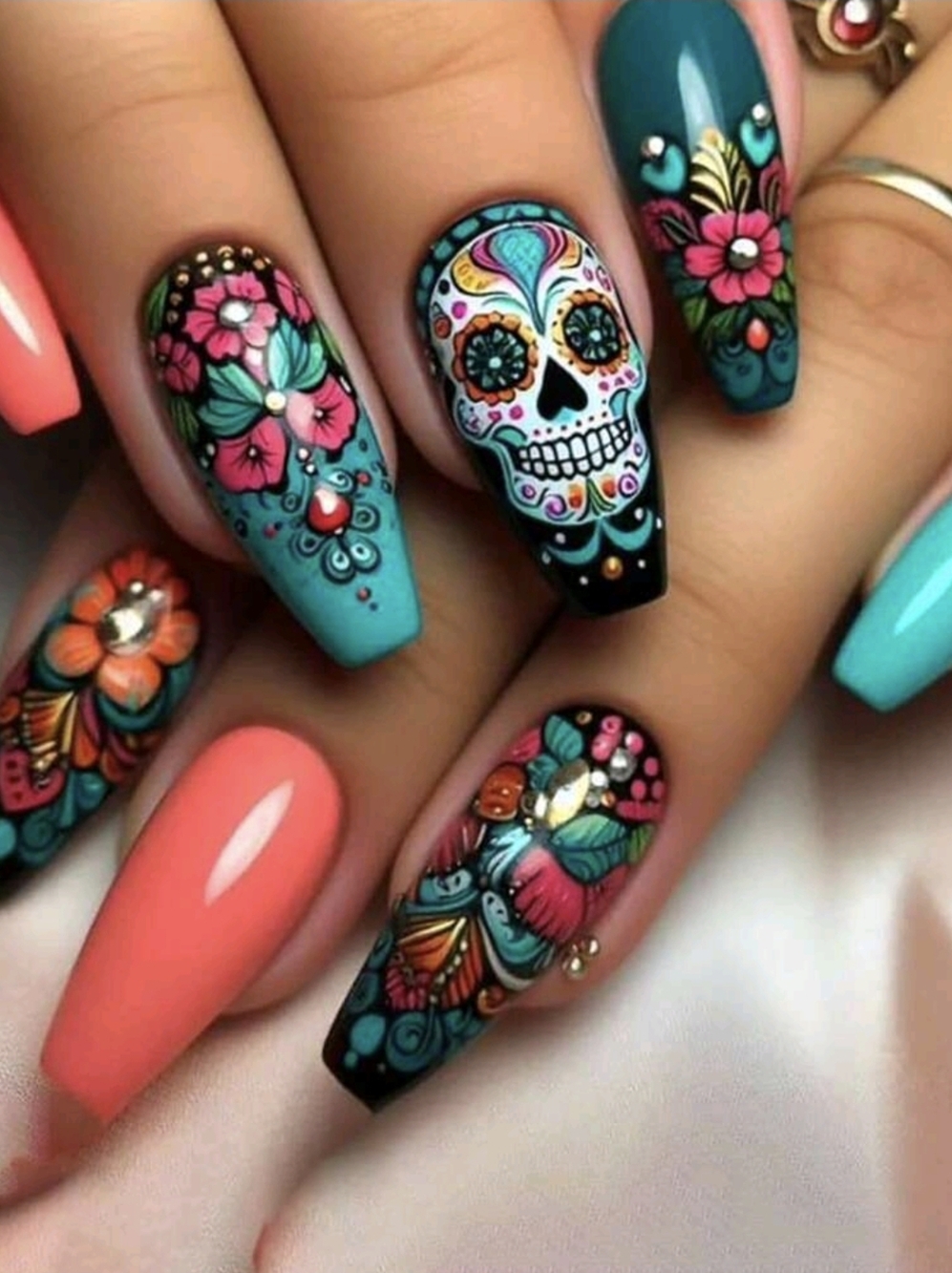 Vibrant Sugar Skull Floral Nail Art Set